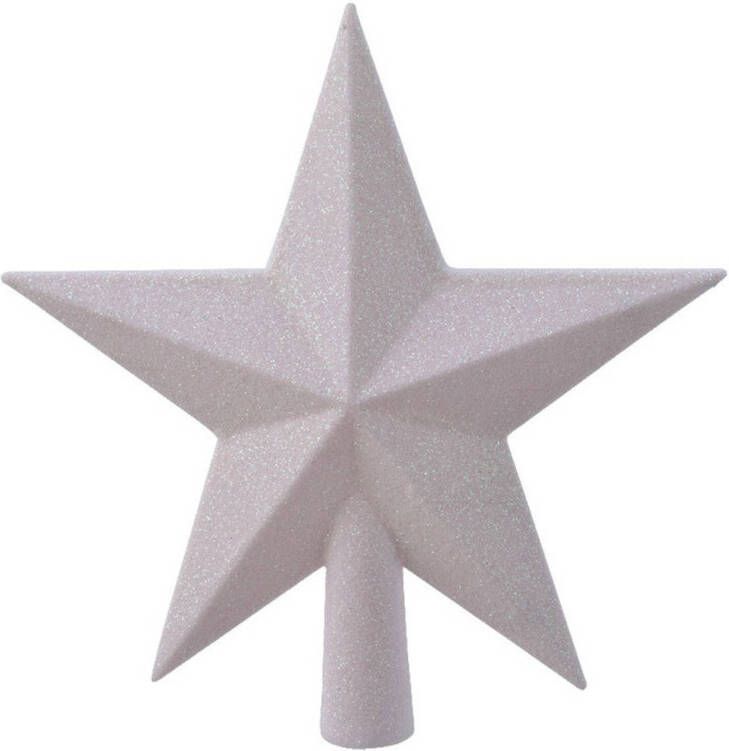 Decoris 1x Glitter piek in stervorm parelmoer wit 19 cm kunststof plastic kerstboompieken