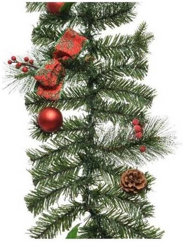 Decoris 1x Kerst guirlande slinger groen met rode versiering 180 cm dennenslinger versiering decoratie Guirlandes