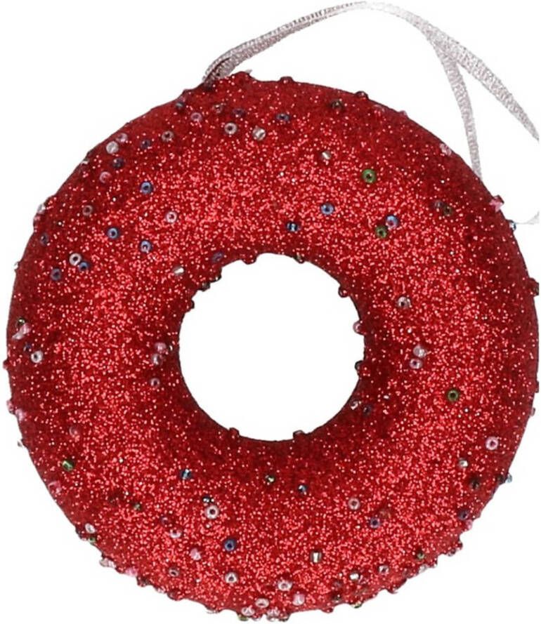 Decoris 1x Kersthangers figuurtjes kerst rode donut met kraaltjes 10 cm Kerst rode kerstboomhangers