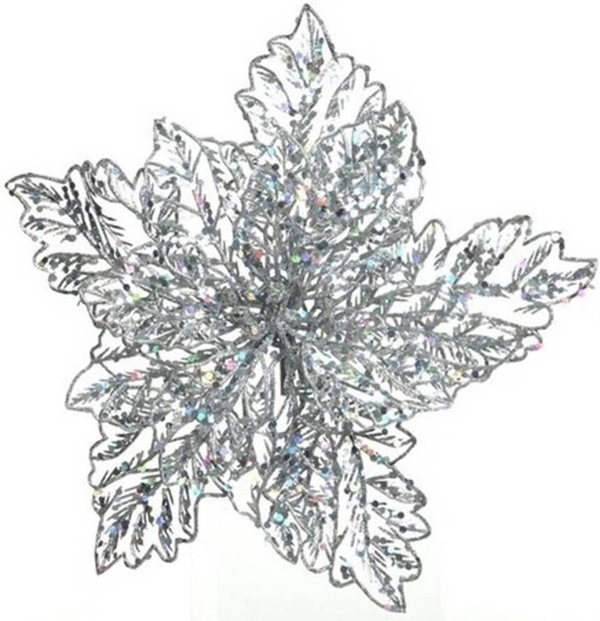 Decoris 1x Kerstversieringen glitter kerstster zilver op clip 23 x 10 cm Kersthangers