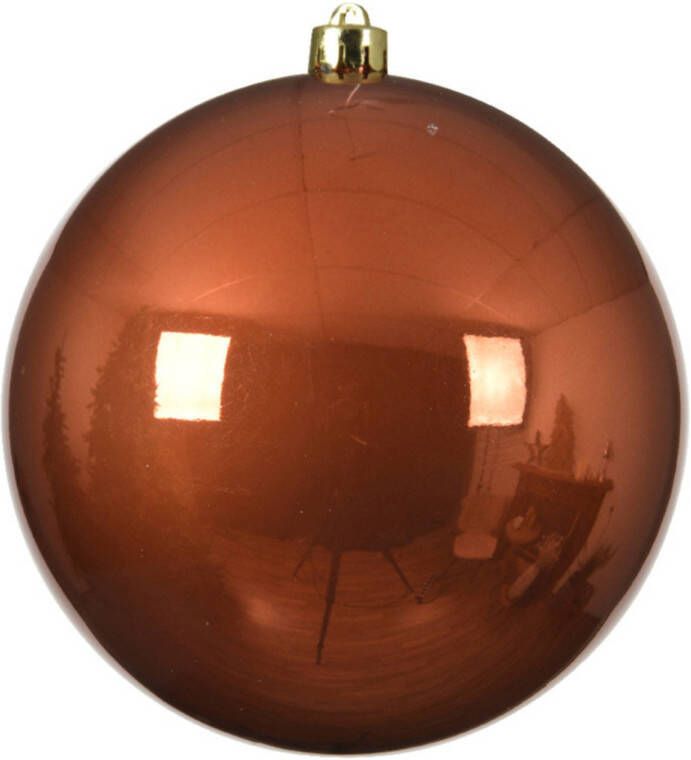 Decoris 1x stuks grote kunststof kerstballen terra bruin 14 cm glans Kerstbal