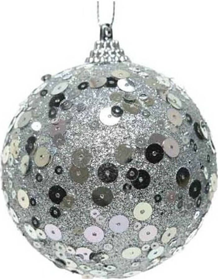 Decoris 1x Kerstballen zilveren glitters 8 cm met pailletten kunststof kerstboom versiering decoratie Kerstbal