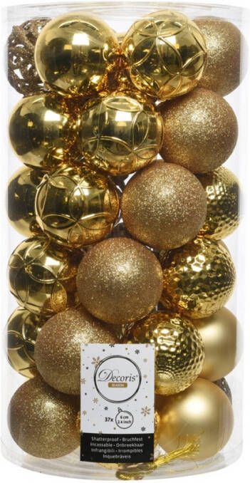 Decoris 2 stuks Kerstbal glans mix dia6cm licht goud