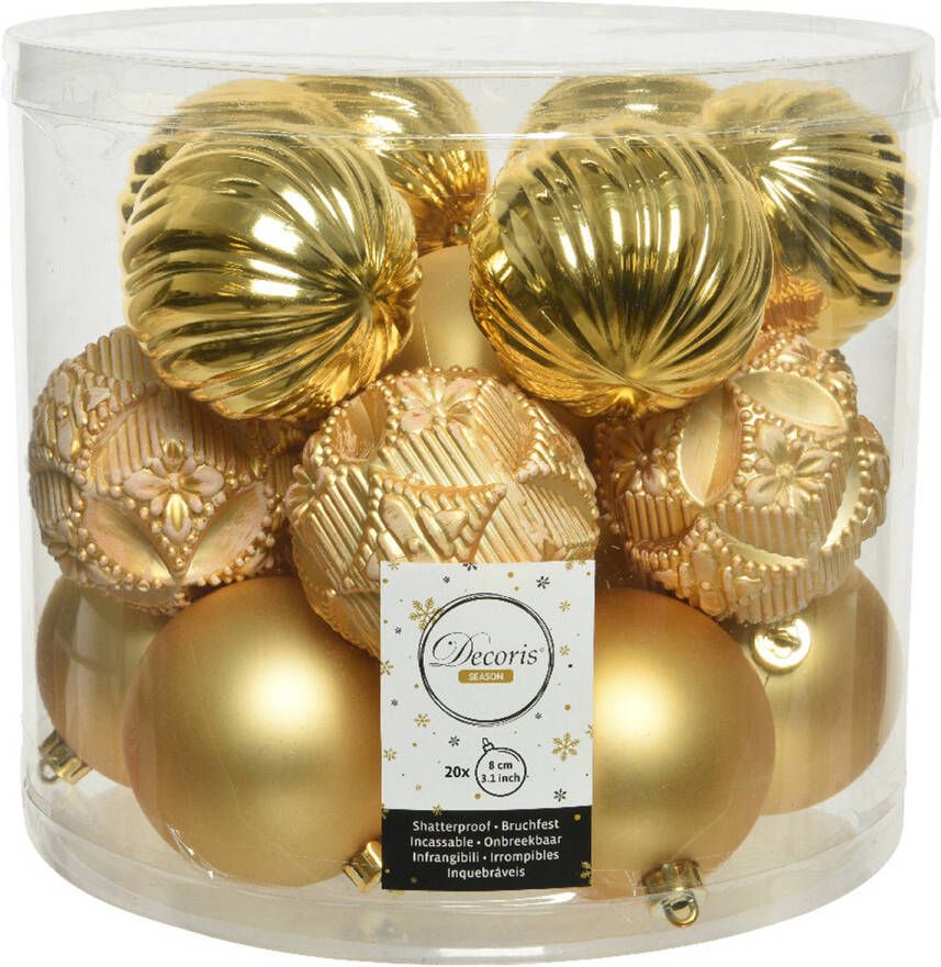 Decoris 20x stuks luxe kunststof kerstballen goud mix 8 cm Kerstbal