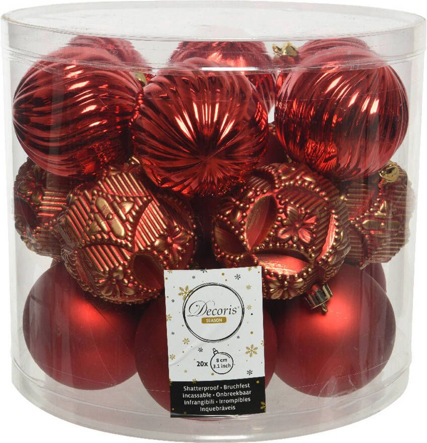 Decoris 20x stuks luxe kunststof kerstballen rood mix 8 cm Kerstbal