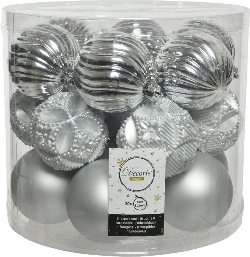 Decoris 20x stuks luxe kunststof kerstballen zilver mix 8 cm Kerstbal