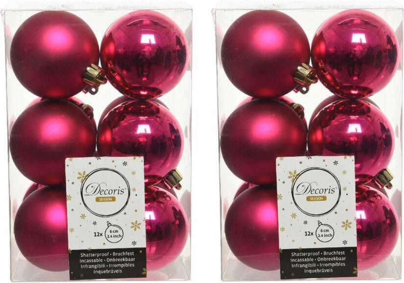 Decoris 24x Kunststof kerstballen glanzend mat bessen roze 6 cm kerstboom versiering decoratie Kerstbal
