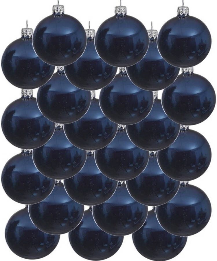 Decoris 24x Glazen kerstballen glans donkerblauw 6 cm kerstboom versiering decoratie Kerstbal