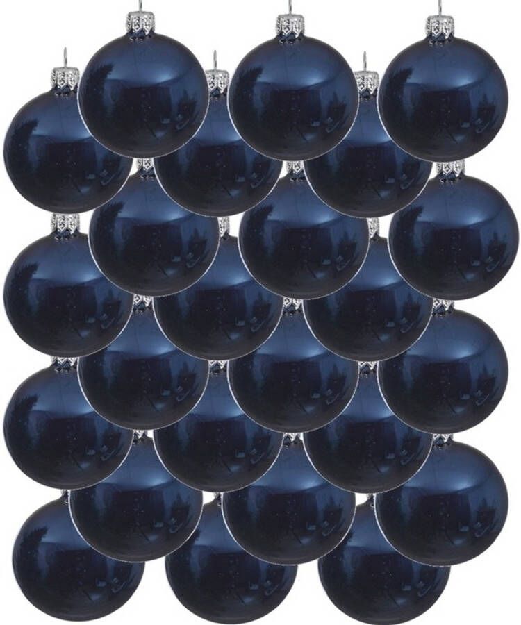 Decoris 24x Glazen kerstballen glans donkerblauw 8 cm kerstboom versiering decoratie Kerstbal