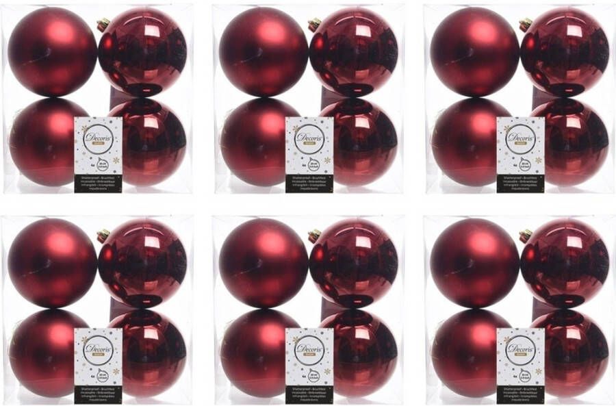 Decoris 24x Kunststof kerstballen glanzend mat donkerrood 10 cm kerstboom versiering decoratie Kerstbal