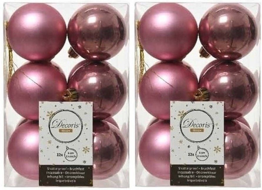Decoris 24x Kunststof kerstballen glanzend mat oud roze 6 cm kerstboom versiering decoratie Kerstbal