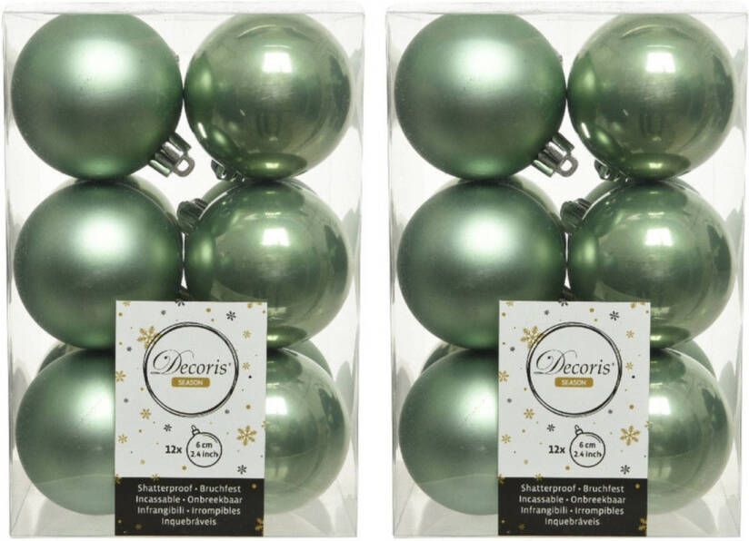 Decoris 24x Kunststof kerstballen glanzend mat salie groen 6 cm kerstboom versiering decoratie Kerstbal