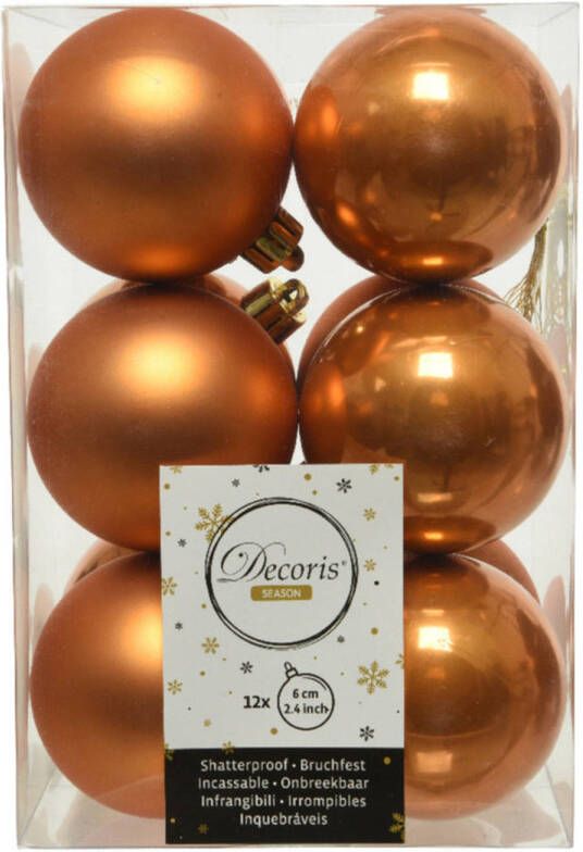 Decoris 24x stuks kunststof kerstballen cognac bruin (amber) 6 cm glans mat Kerstbal