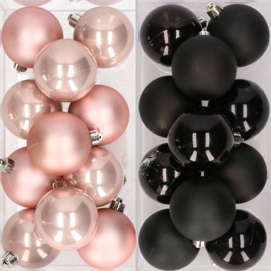 Decoris 24x stuks kunststof kerstballen zwart en lichtroze 6 cm Kerstbal