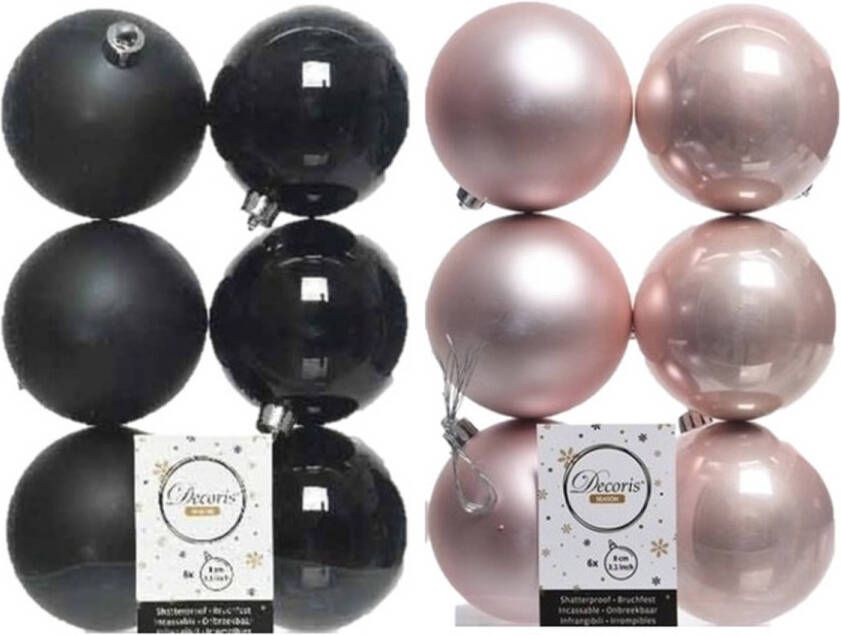 Decoris 24x stuks kunststof kerstballen zwart en lichtroze 8 cm Kerstbal