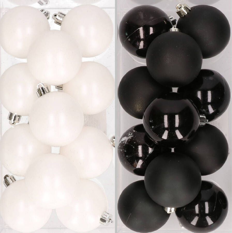 Decoris 24x stuks kunststof kerstballen zwart en wit 6 cm Kerstbal
