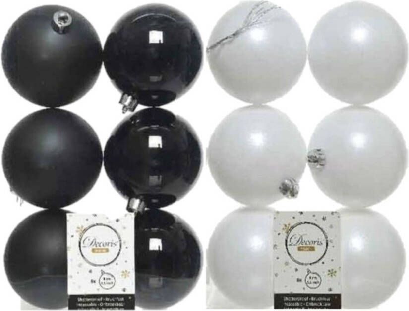 Decoris 24x stuks kunststof kerstballen zwart en wit 8 cm Kerstbal