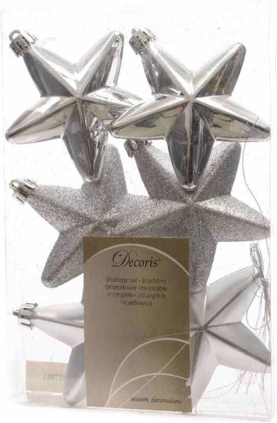 Decoris 24x Zilveren sterren kerstballen 7 cm kunststof glans mat glitter Kersthangers