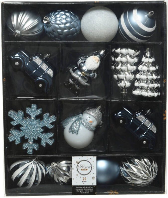Decoris 25x Kerstballen en kersthangers figuurtjes lichtblauw wit kunststof Kersthangers