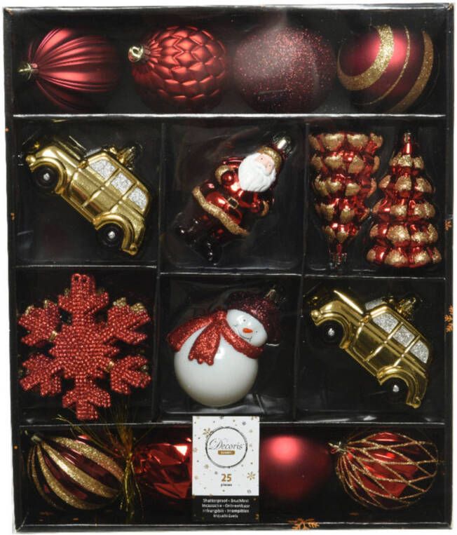 Decoris 25x Kerstballen en kersthangers figuurtjes rood goud kunststof Kersthangers