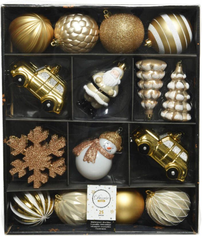 Decoris 25x stuks kerstballen en kersthangers figuurtjes goud met wit kunststof Kersthangers