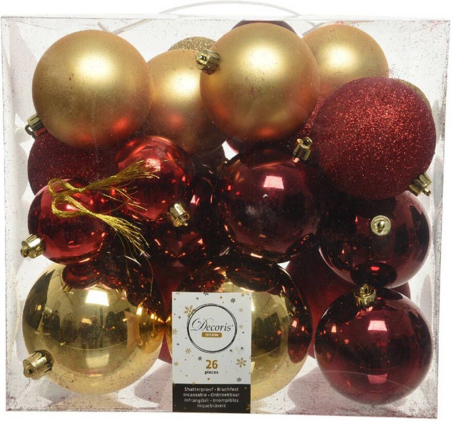 Decoris 26 Stuks kunststof kerstballen mix goud-rood 6 8 10 cm Kerstbal