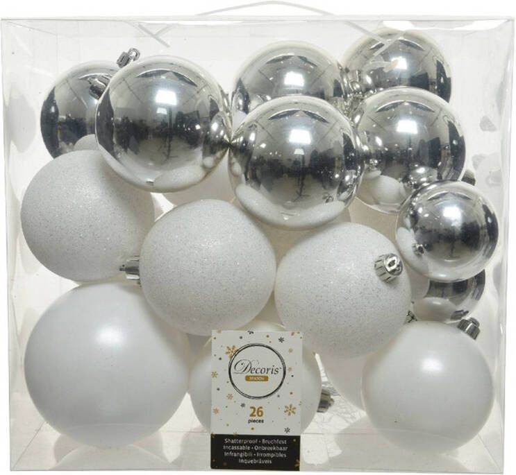 Decoris 26 Stuks kunststof kerstballen mix wit-zilver 6 8 10 cm Kerstbal