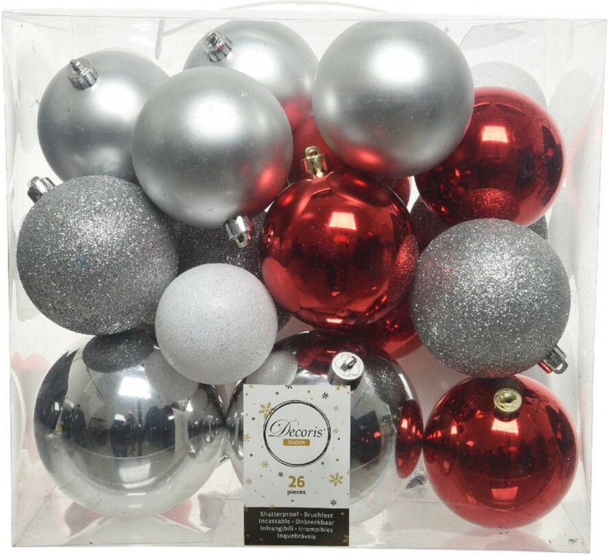 Decoris 26 Stuks Kunststof Kerstballen Mix Zilver Rood Wit 6 8 10 Cm Kerstbal