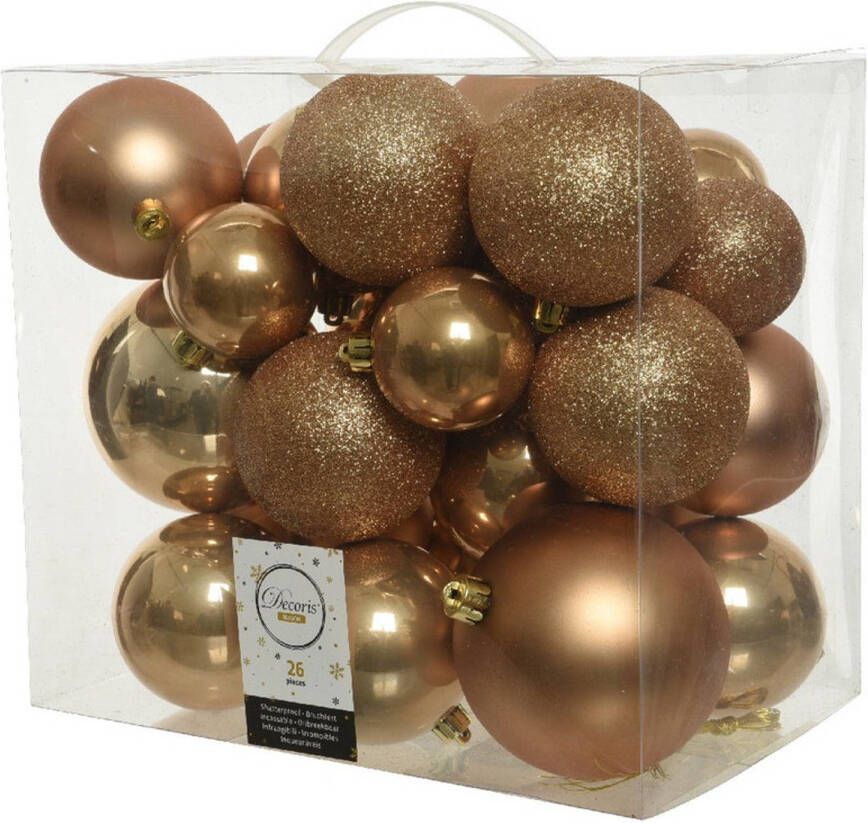 Decoris 26x Kunststof kerstballen mix camel bruin 6-8-10 cm kerstboom versiering decoratie Kerstbal