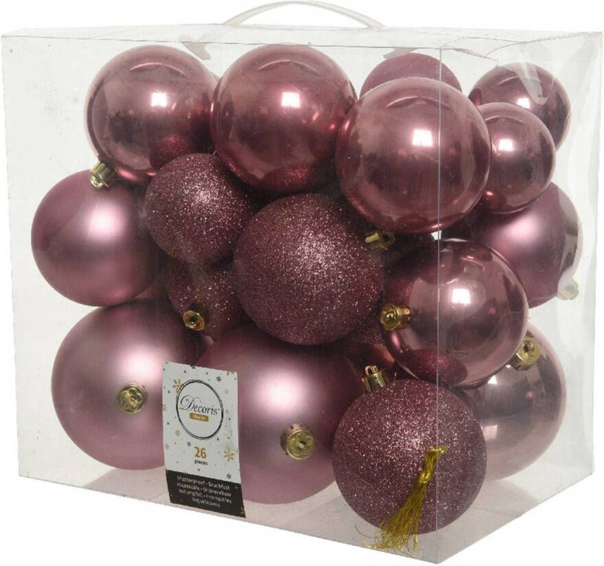 Decoris 26x Kunststof kerstballen mix oud roze 6-8-10 cm kerstboom versiering decoratie Kerstbal