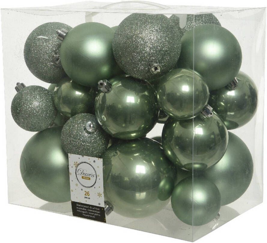 Decoris 26x Kunststof kerstballen mix salie groen 6-8-10 cm kerstboom versiering decoratie Kerstbal