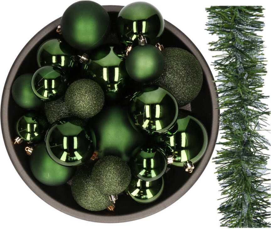 Decoris 26x stuks kerstballen 6-8-10 cm en slinger donkergroen kunststof Kerstbal