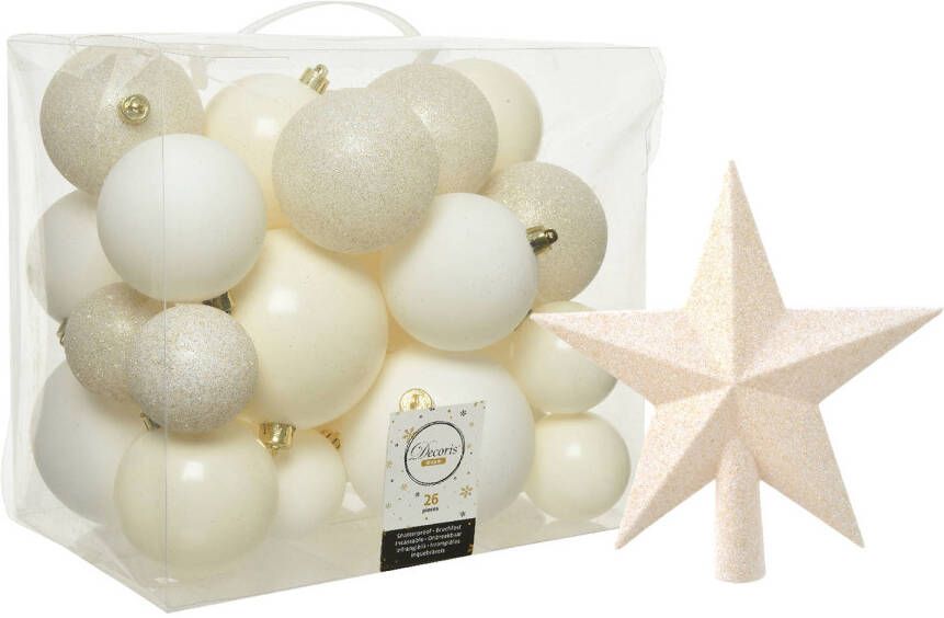 Decoris 26x stuks kunststof kerstballen 6 8 en 10 cm incl. ster piek wol wit Kerstbal