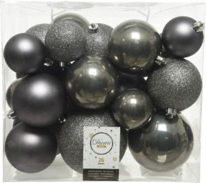 Decoris 26x Stuks Kunststof Kerstballen Antraciet (Warm Grey) 6-8-10 Cm Kerstbal
