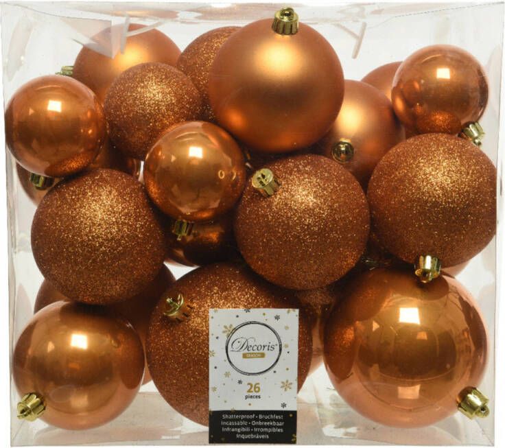 Decoris 26x stuks kunststof kerstballen cognac bruin (amber) 6-8-10 cm glans mat glitter Kerstbal