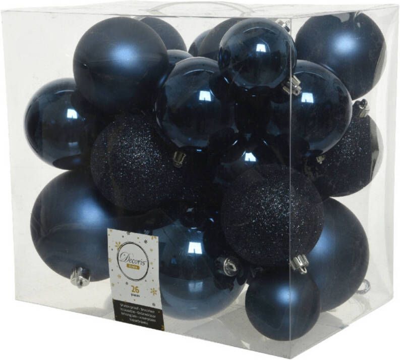 Decoris 26x stuks kunststof kerstballen donkerblauw (night blue) 6-8-10 cm Kerstbal
