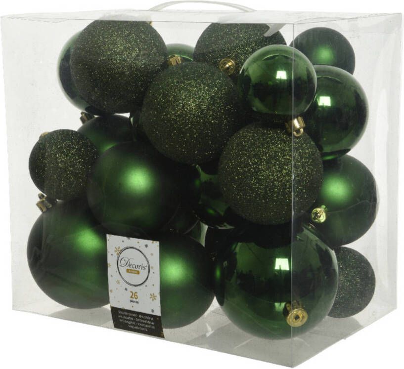 Decoris 26x stuks kunststof kerstballen donkergroen (pine) 6-8-10 cm glans mat glitter Kerstbal