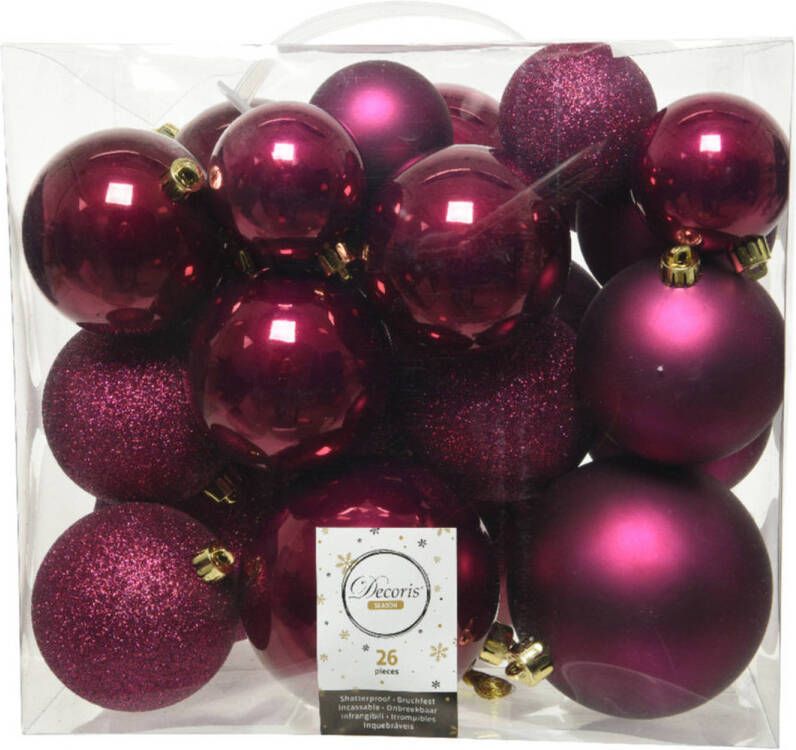 Decoris 26x stuks kunststof kerstballen framboos roze (magnolia) 6-8-10 cm Kerstbal