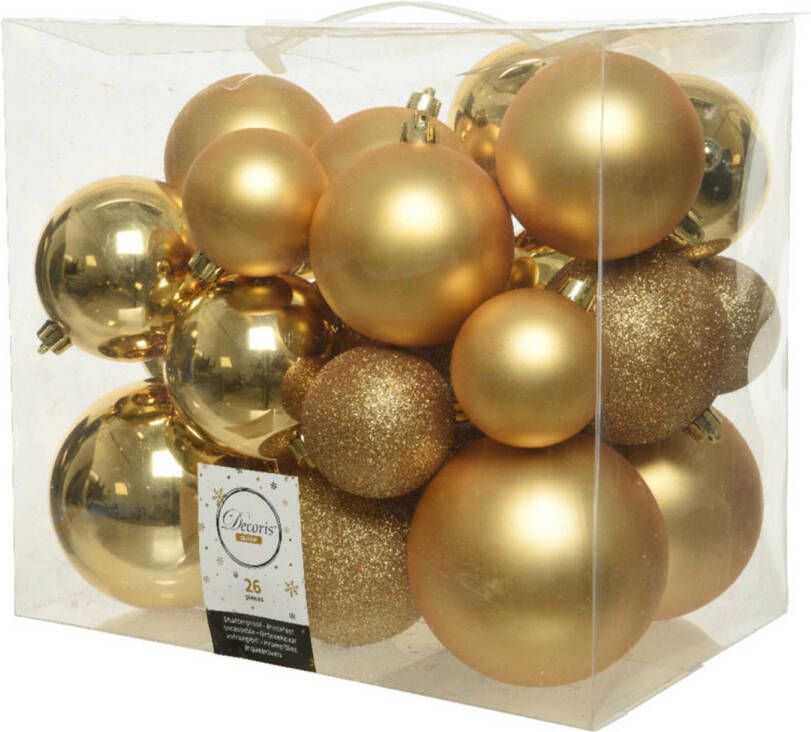 Decoris 26x stuks kunststof kerstballen goud 6-8-10 cm glans mat glitter Kerstbal