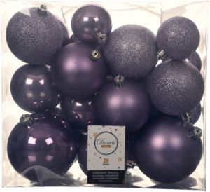 Decoris 26x stuks kunststof kerstballen heide lila paars 6-8-10 cm glans mat glitter Kerstbal