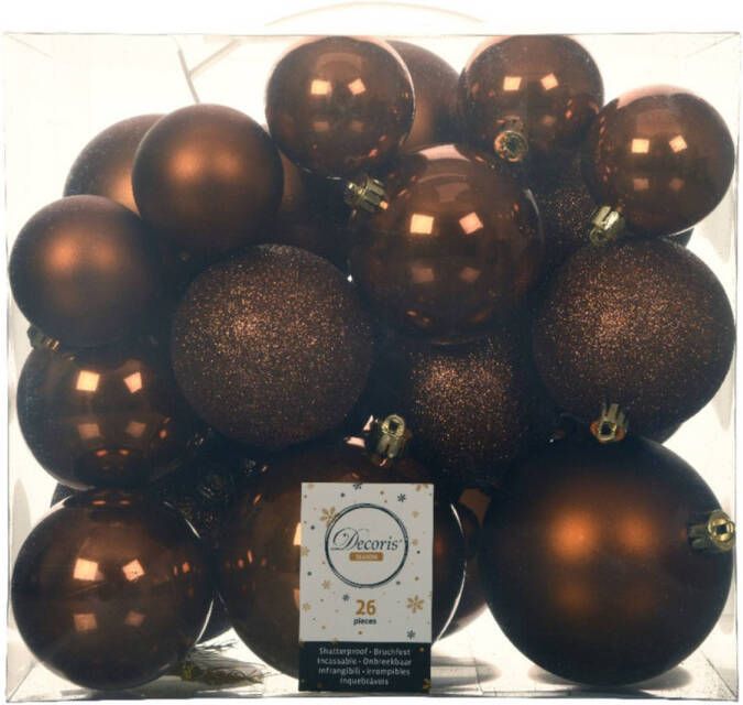 Decoris 26x stuks kunststof kerstballen kaneel bruin 6-8-10 cm glans mat glitter Kerstbal