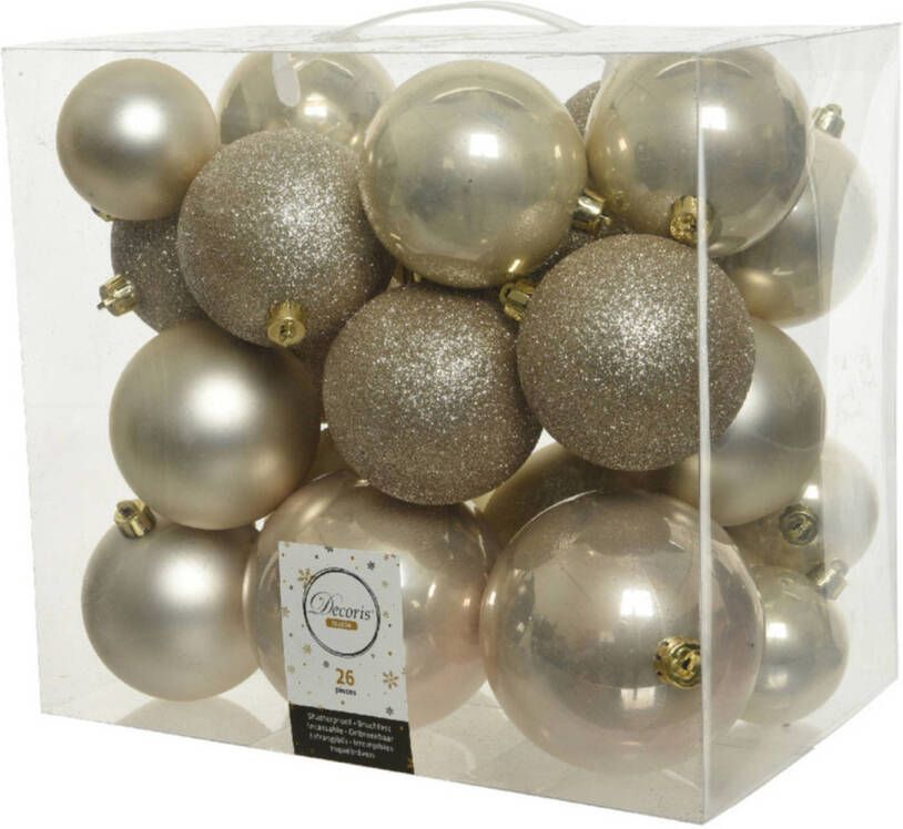 Decoris 26x stuks kunststof kerstballen licht parel champagne 6-8-10 cm glans mat glitter Kerstbal