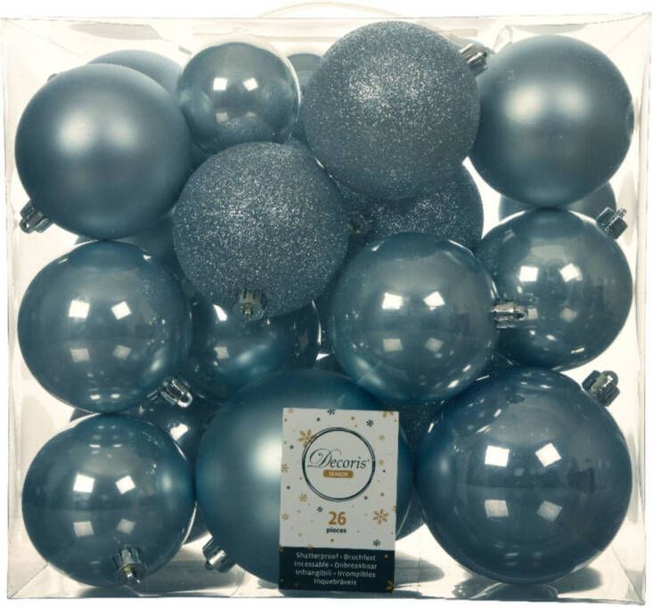 Decoris 26x stuks kunststof kerstballen lichtblauw 6-8-10 cm glans mat glitter Kerstbal