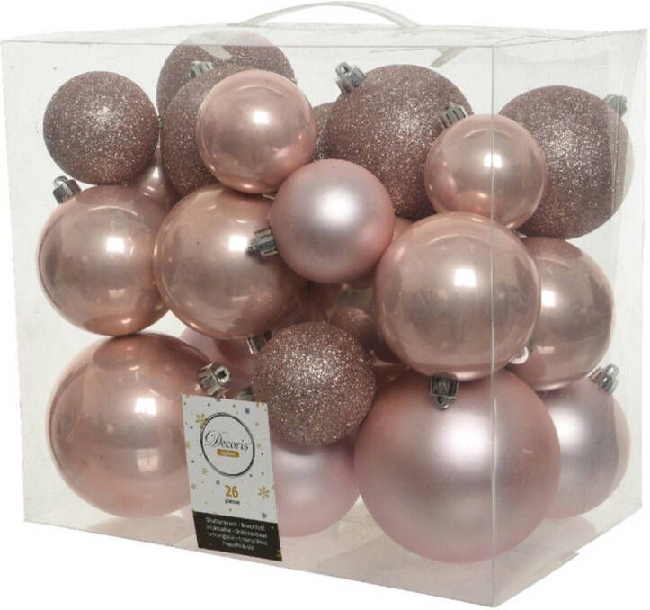 Decoris 26x stuks kunststof kerstballen lichtroze (blush) 6-8-10 cm glans mat glitter Kerstbal