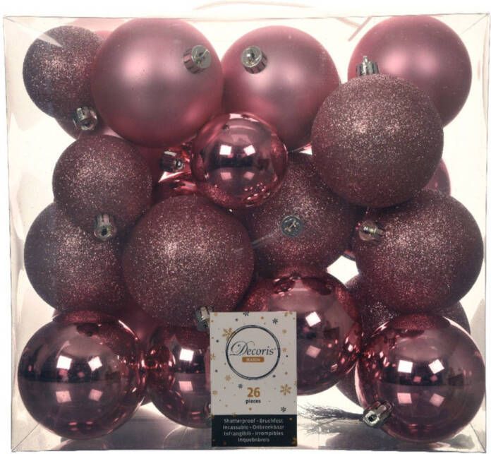 Decoris 26x stuks kunststof kerstballen lippenstift roze 6-8-10 cm glans mat glitter Kerstbal