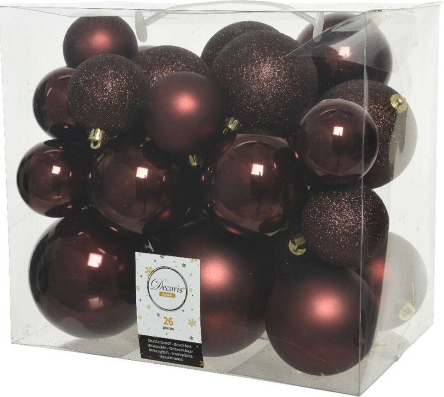 Decoris 26x stuks kunststof kerstballen mahonie bruin 6-8-10 cm glans mat glitter Kerstbal