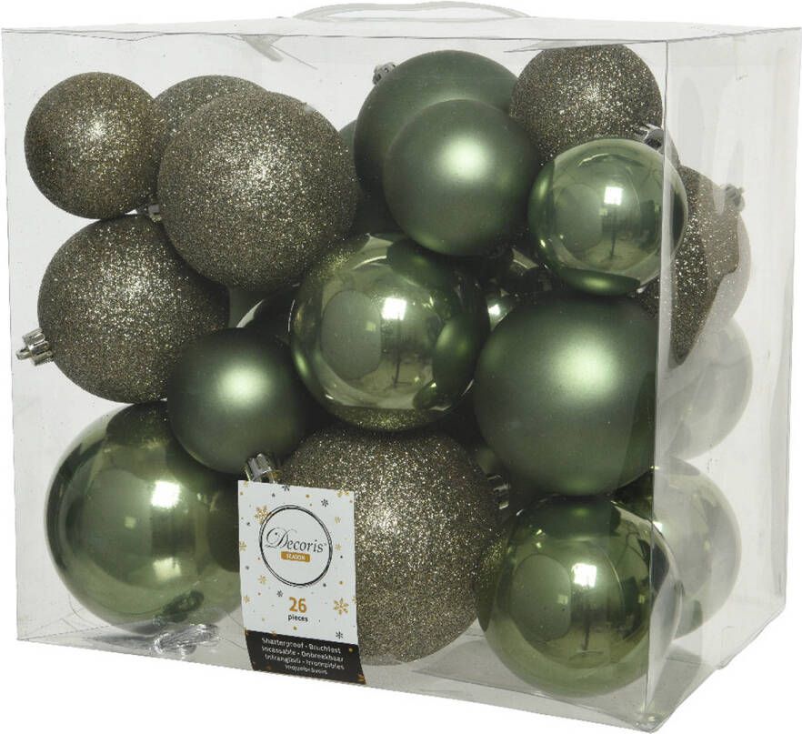 Decoris 26x stuks kunststof kerstballen mos groen 6-8-10 cm glans mat glitter Kerstbal