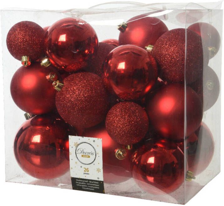 Decoris 26x stuks kunststof kerstballen rood 6-8-10 cm glans mat glitter Kerstbal
