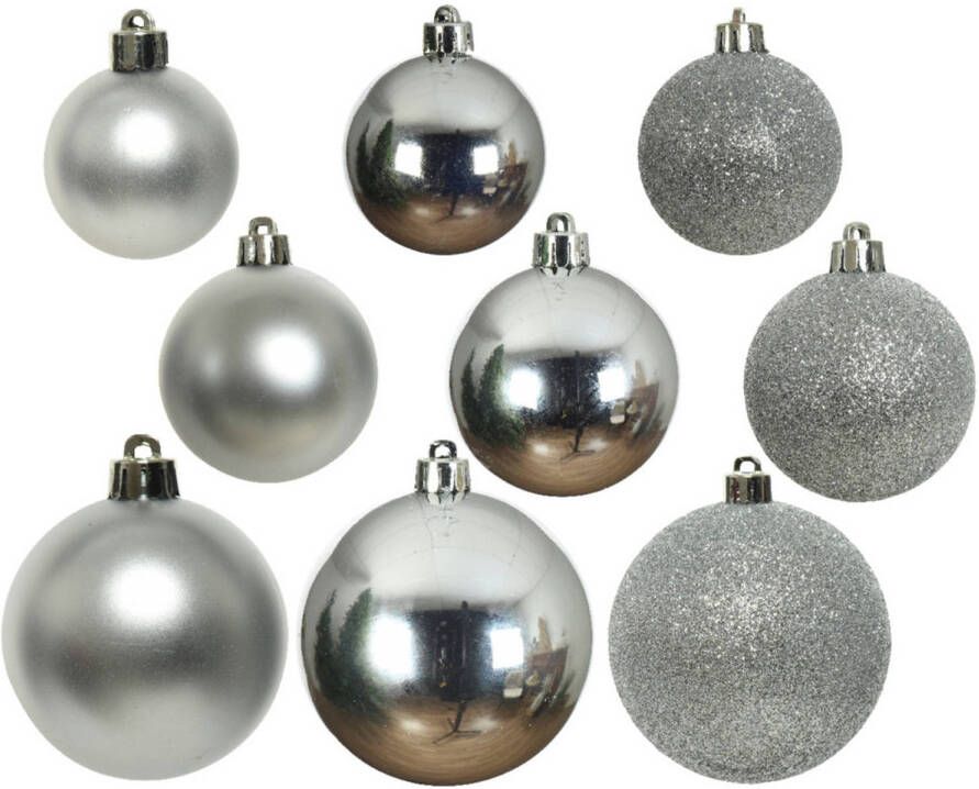Decoris 26x stuks kunststof kerstballen zilver 6-8-10 cm glans mat glitter Kerstbal