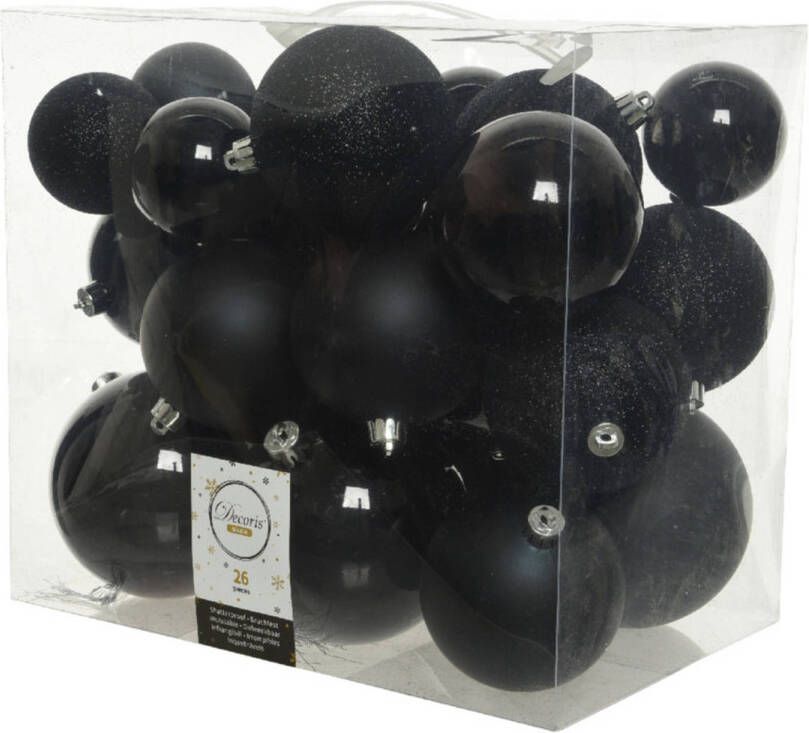 Decoris 26x stuks kunststof kerstballen zwart 6-8-10 cm glans mat glitter Kerstbal